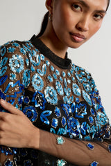 Frock and Frill Dahlia black embellished mesh midi dress with blue floral embellishment