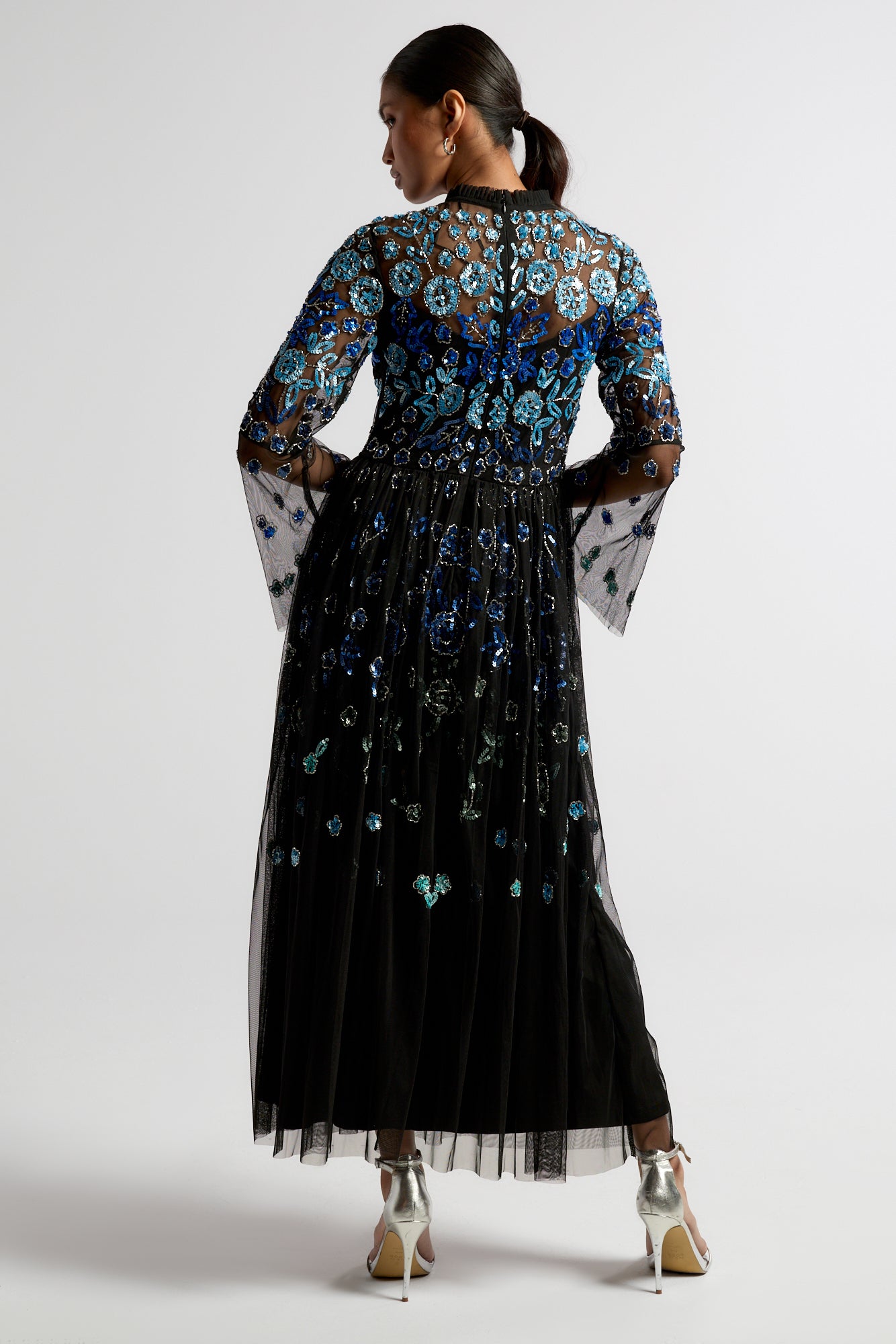 Frock and Frill Dahlia black embellished mesh midi dress with blue floral embellishment