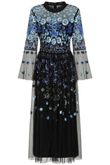 Frock and Frill Dahlia black embellished mesh midi dress with blue floral embellishment
