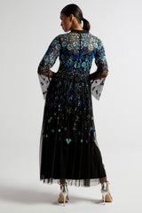 Frock and Frill Dahlia black embellished mesh midi dress with blue floral embellishment