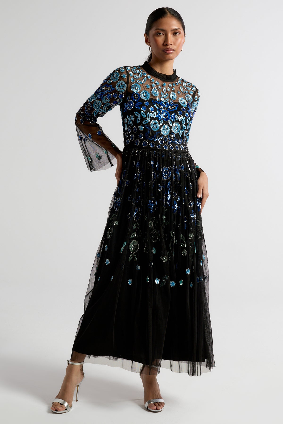 Frock and Frill Dahlia black embellished mesh midi dress with blue floral embellishment