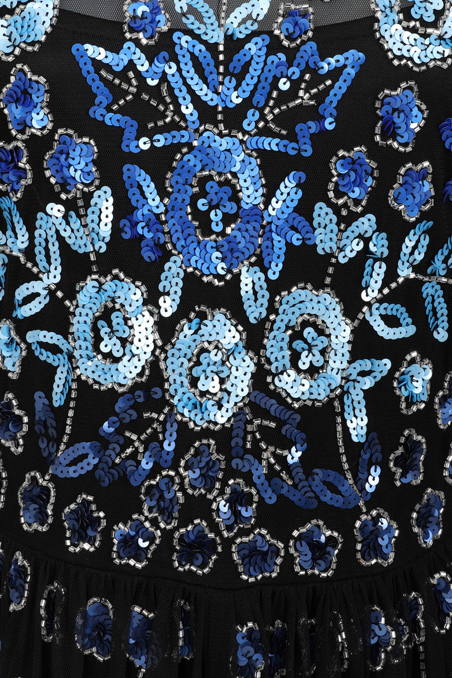 Frock and Frill Dahlia black embellished mesh midi dress with blue floral embellishment