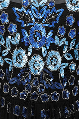 Frock and Frill Dahlia black embellished mesh midi dress with blue floral embellishment