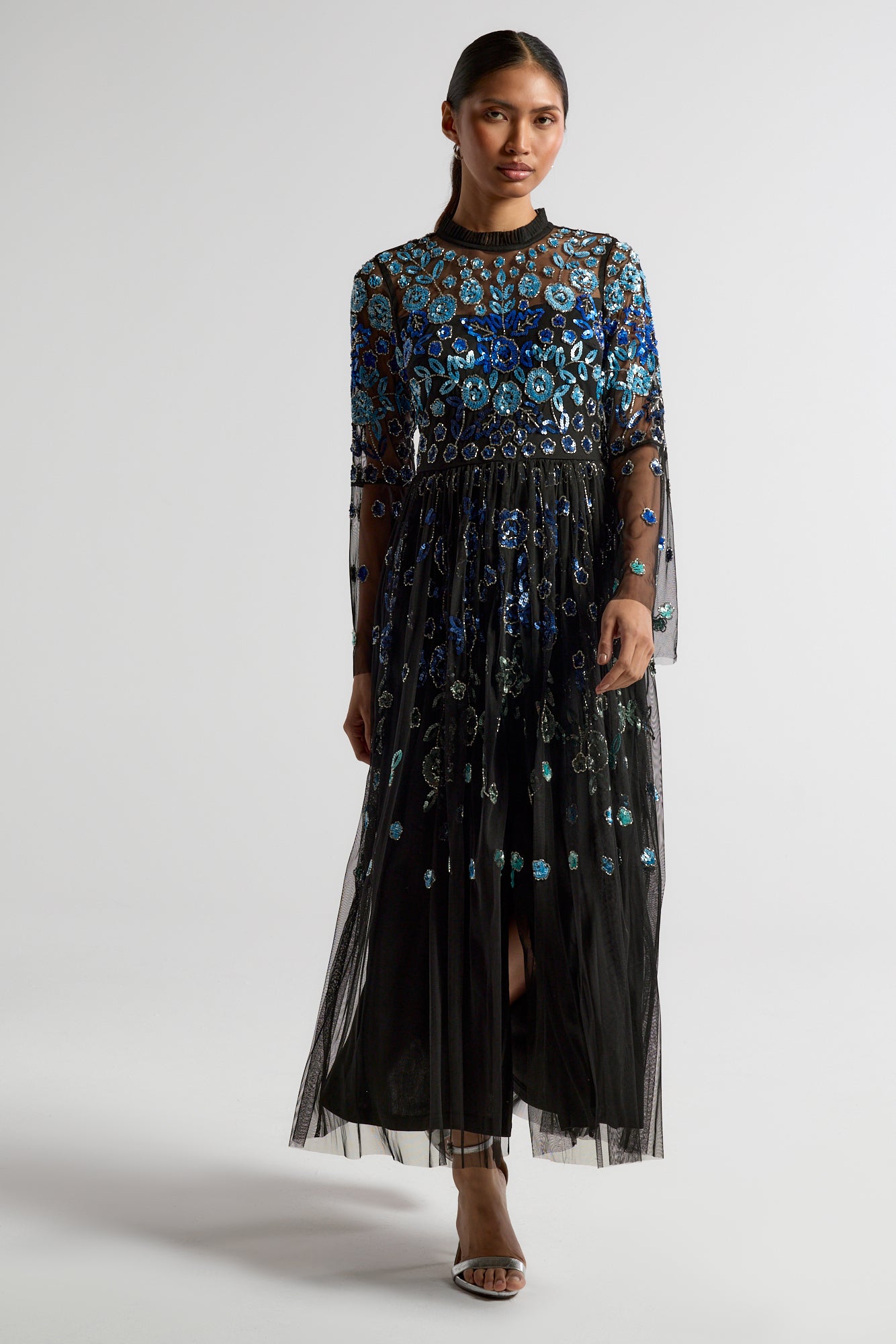 Frock and Frill Dahlia black embellished mesh midi dress with blue floral embellishment