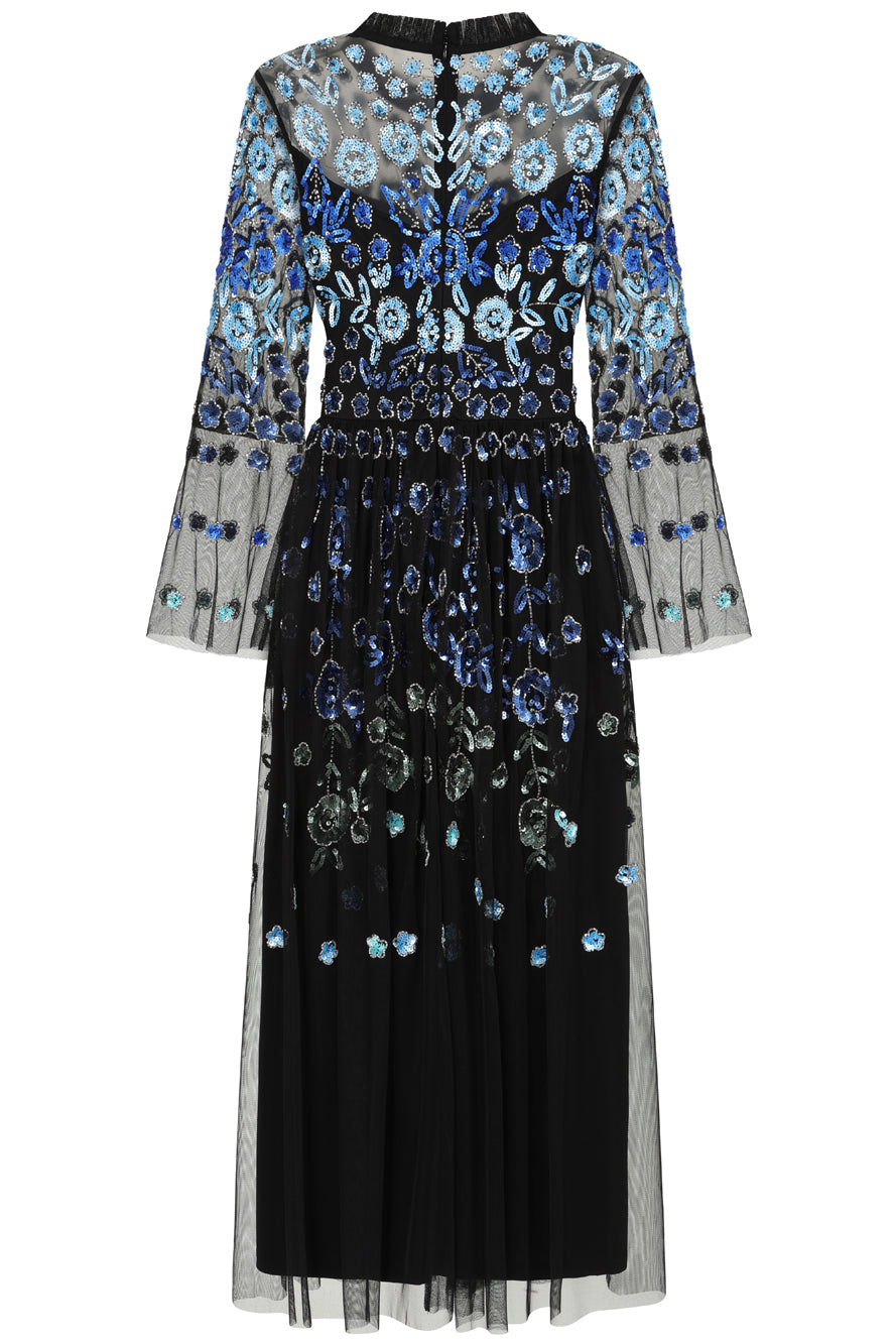 Frock and Frill Dahlia black embellished mesh midi dress with blue floral embellishment