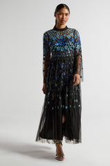 Frock and Frill Dahlia black embellished mesh midi dress with blue floral embellishment