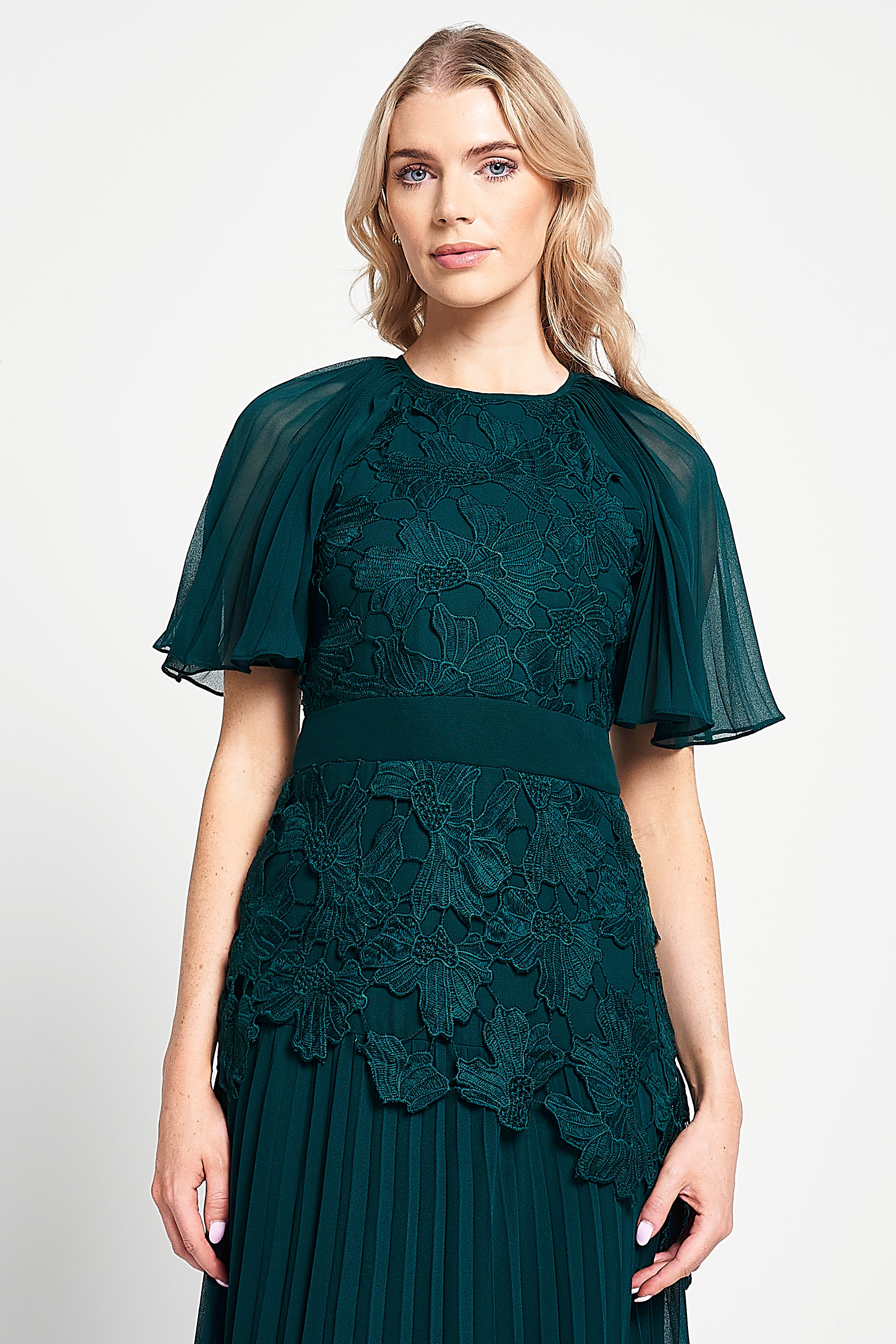 Davina Green Lace Detail Maxi Dress with Pleated Skirt Frock and Frill Davina Green Lace Detail Maxi Dress with Pleated Skirt Frock and Frill