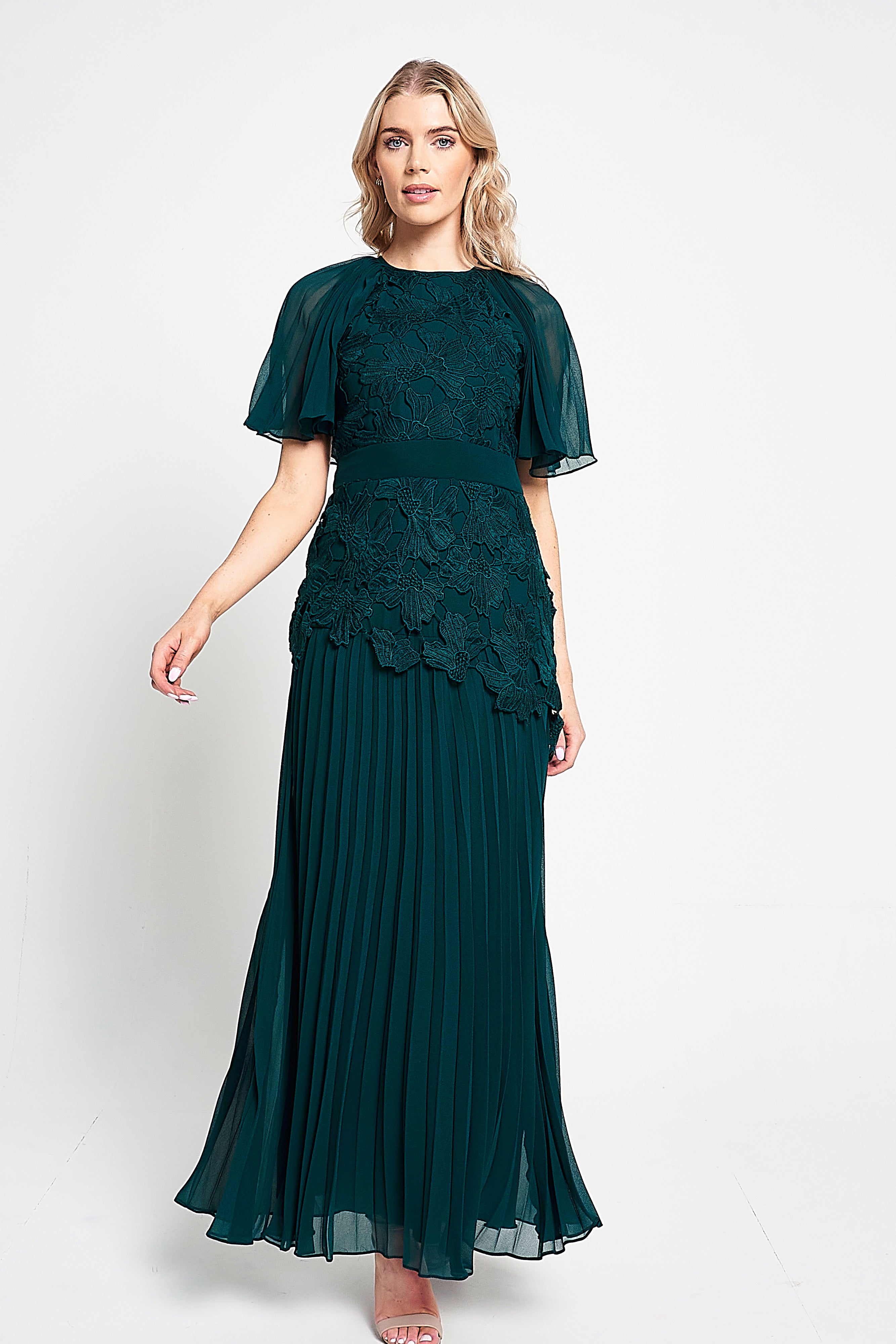 Davina Green Lace Detail Maxi Dress with Pleated Skirt Frock and Frill Davina Green Lace Detail Maxi Dress with Pleated Skirt Frock and Frill