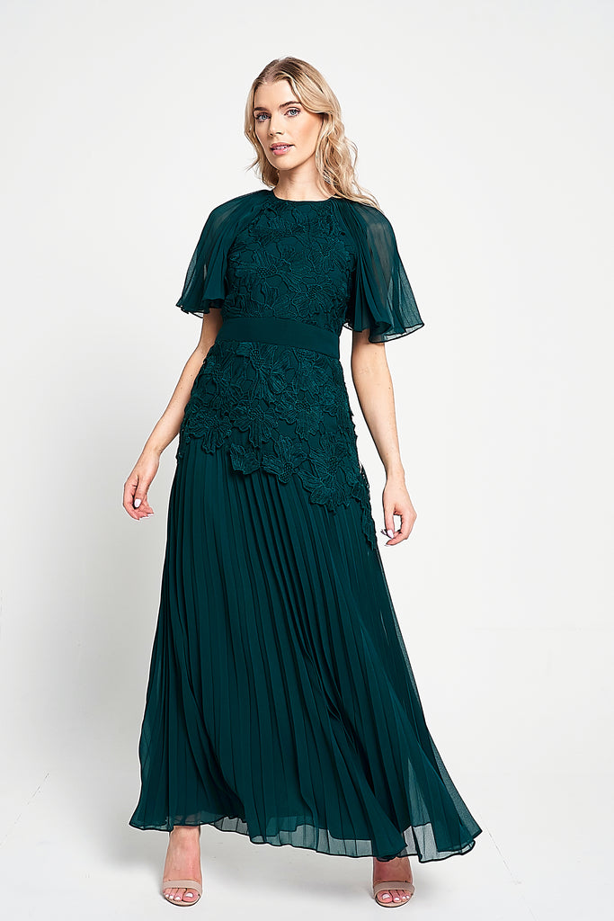Davina Green Lace Detail Maxi Dress with Pleated Skirt – Frock and Frill