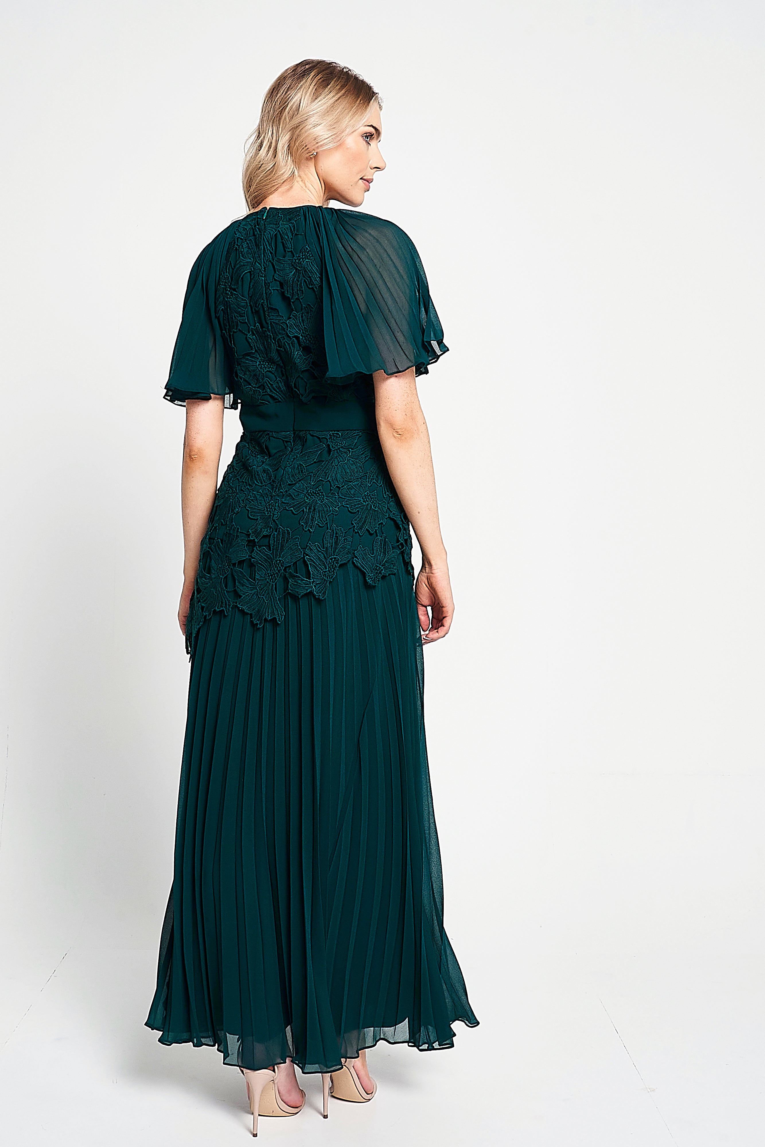 Davina Green Lace Detail Maxi Dress with Pleated Skirt Frock and Frill Davina Green Lace Detail Maxi Dress with Pleated Skirt Frock and Frill