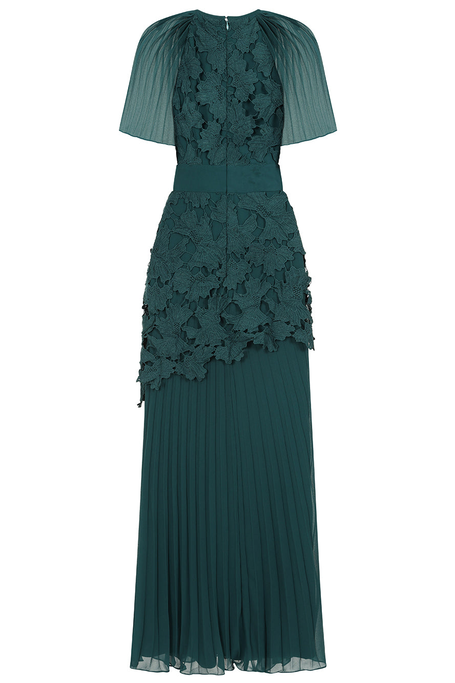 Davina Green Lace Detail Maxi Dress with Pleated Skirt Frock and Frill Davina Green Lace Detail Maxi Dress with Pleated Skirt Frock and Frill