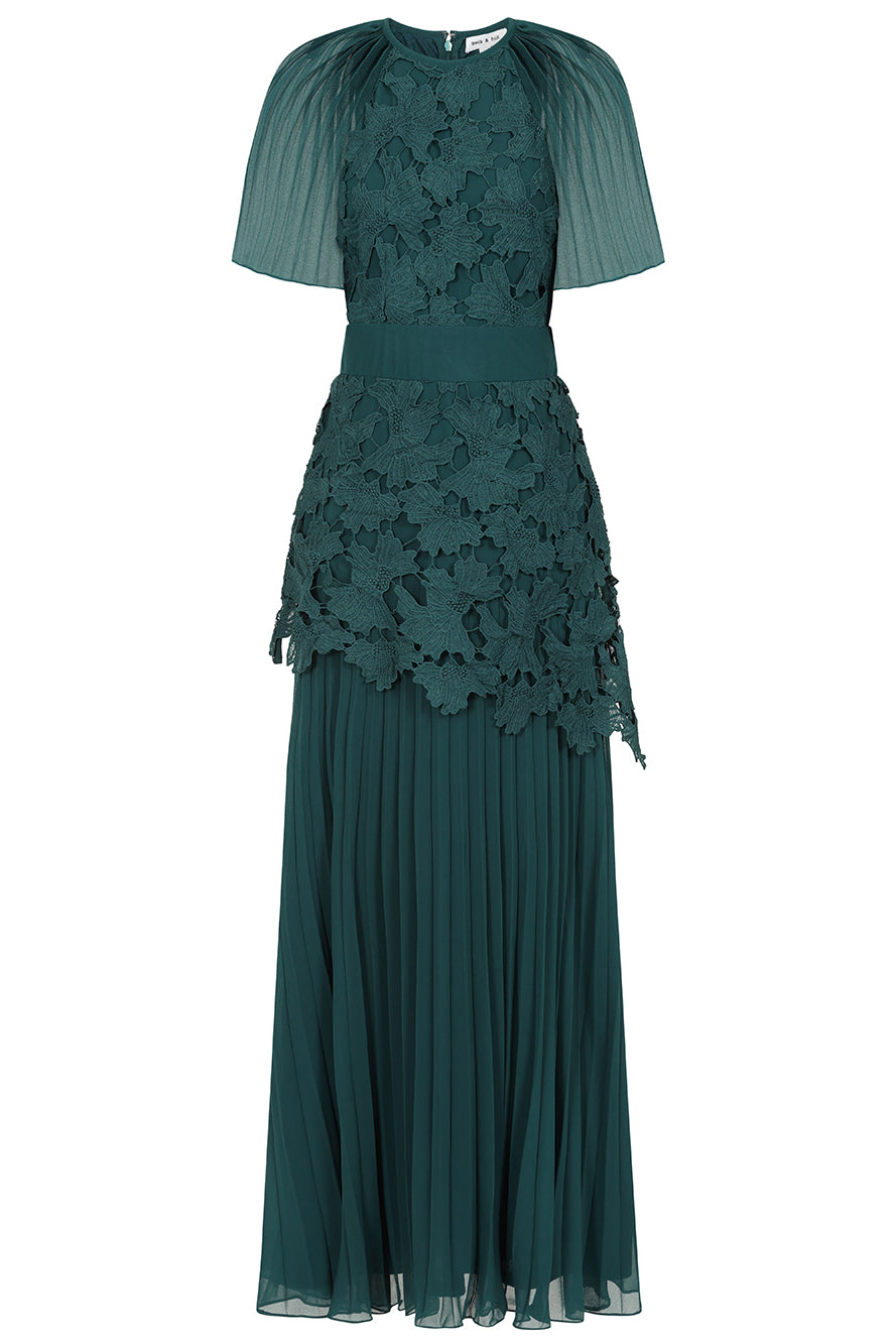 Davina Green Lace Detail Maxi Dress with Pleated Skirt Frock and Frill Davina Green Lace Detail Maxi Dress with Pleated Skirt Frock and Frill