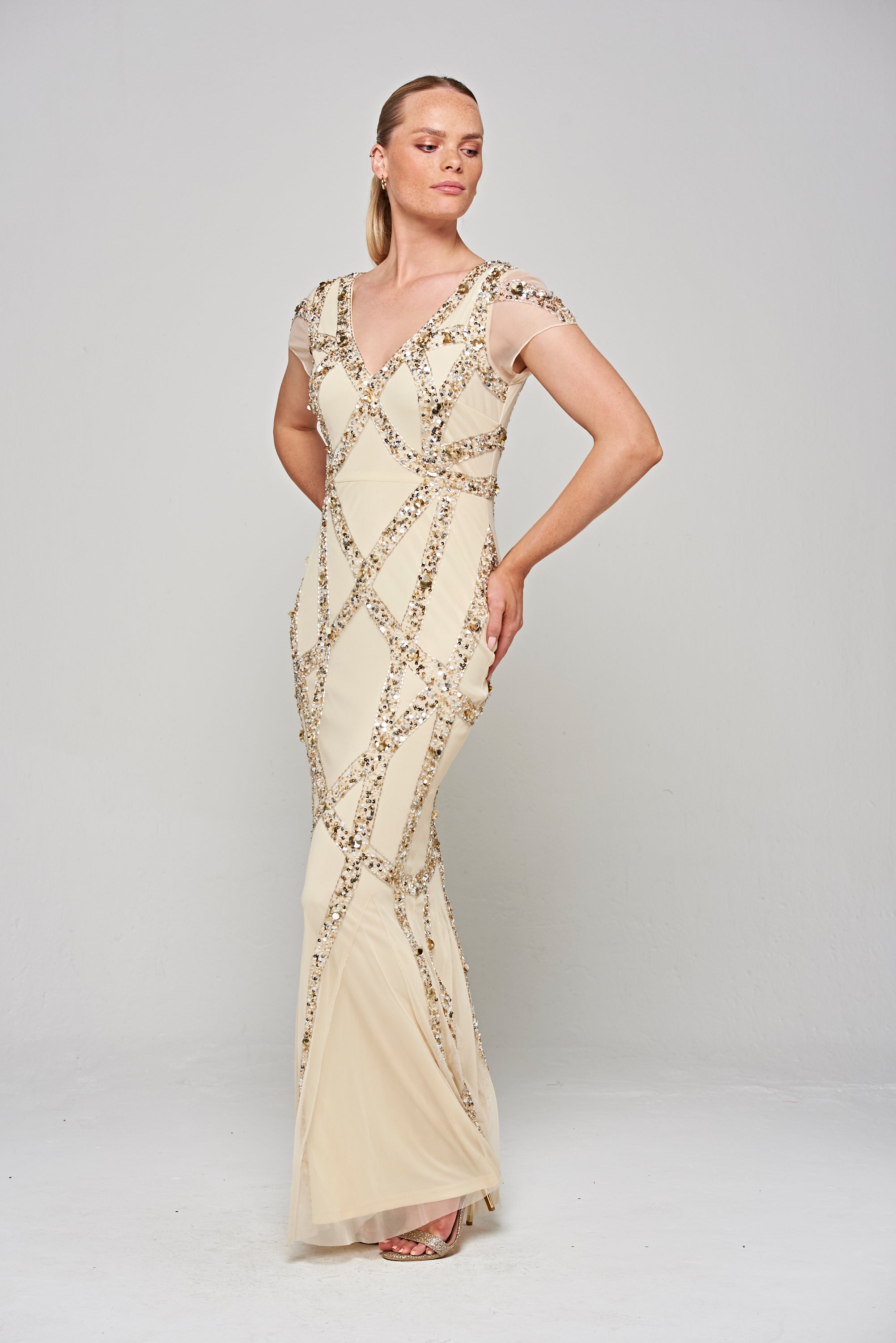 Deanna Sequin Maxi Dress in Champagne