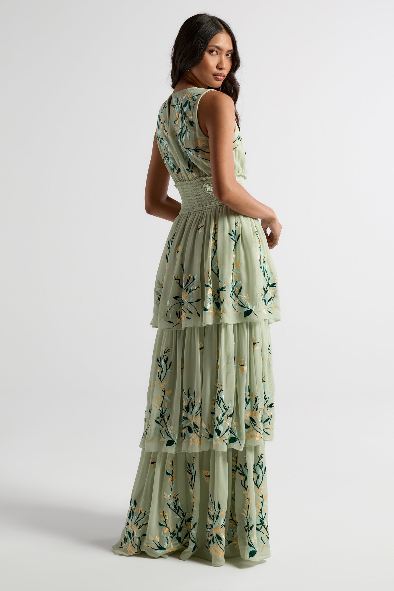 Delilah Green Floral Embroidered Tiered Maxi Dress Frock and Frill Delilah Green Floral Embroidered Tiered Maxi Dress Frock and Frill