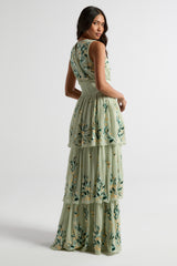 Delilah green floral embroidered tiered maxi dress with shirred waist by Frock and Frill, perfect for weddings, race days, and garden parties.