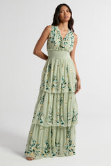 Delilah green floral embroidered tiered maxi dress with shirred waist by Frock and Frill, perfect for weddings, race days, and garden parties.