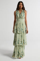 Delilah green floral embroidered tiered maxi dress with shirred waist by Frock and Frill, perfect for weddings, race days, and garden parties.