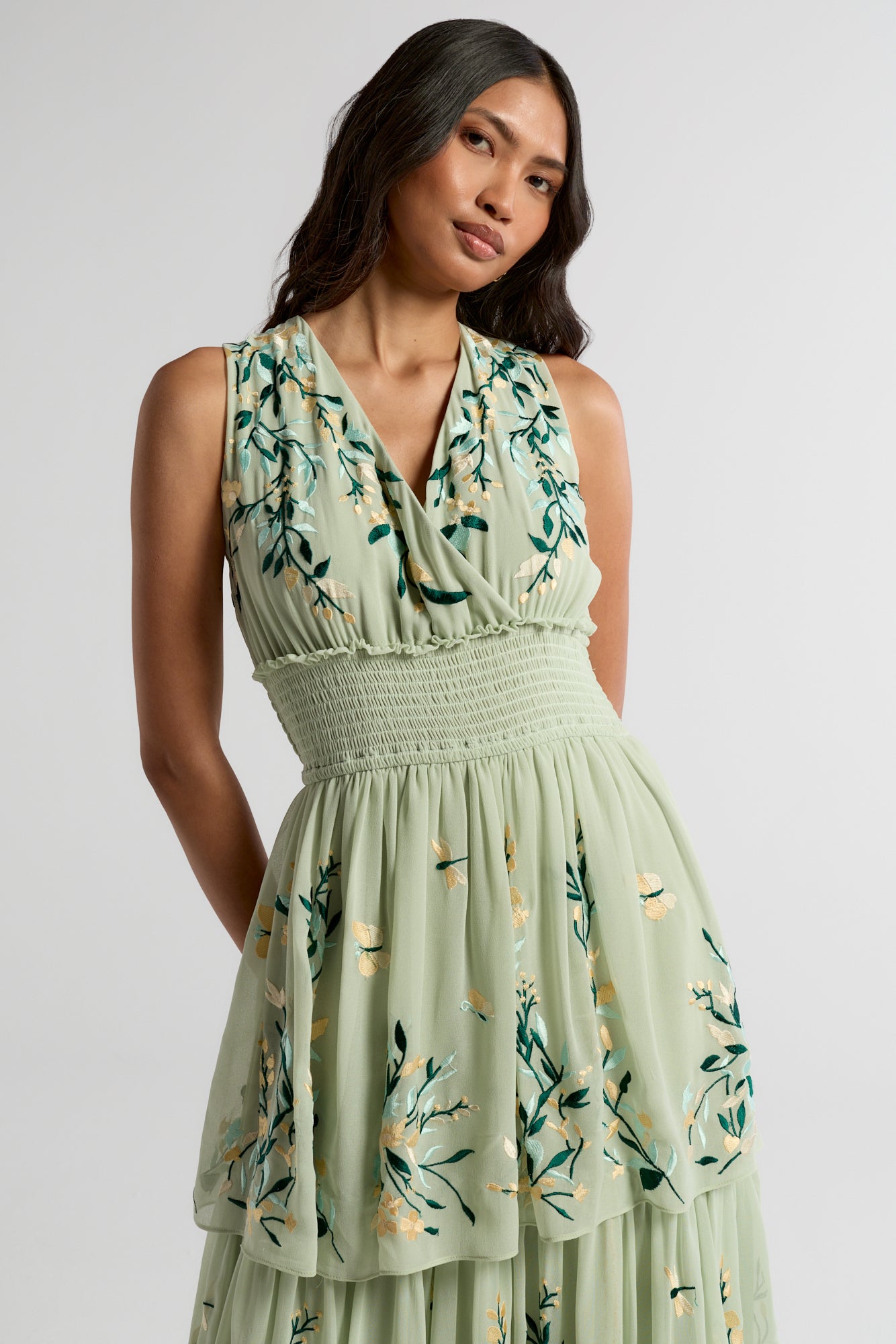 Delilah Green Floral Embroidered Tiered Maxi Dress Frock and Frill Delilah Green Floral Embroidered Tiered Maxi Dress Frock and Frill