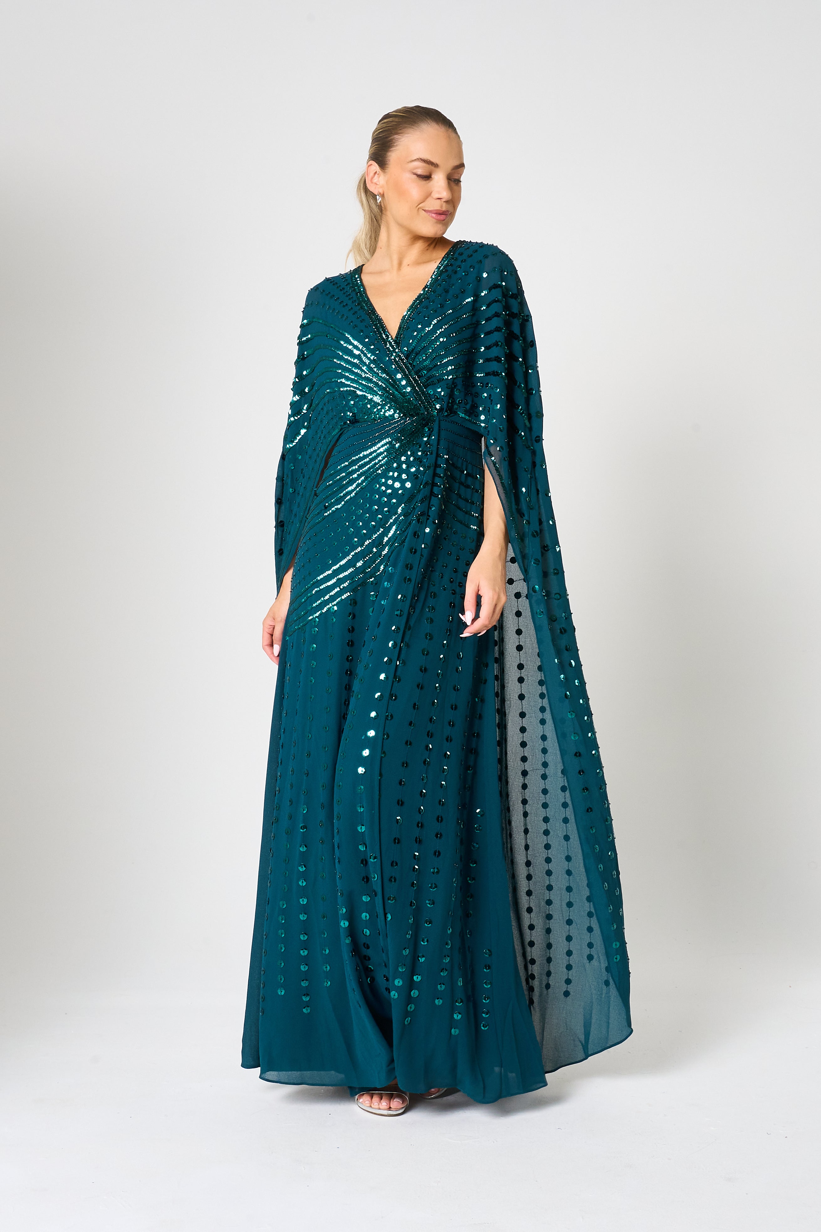 Della Teal Sequin Cape Sleeve Maxi Dress – Frock and Frill Della Teal Sequin Cape Sleeve Maxi Dress – Frock and Frill