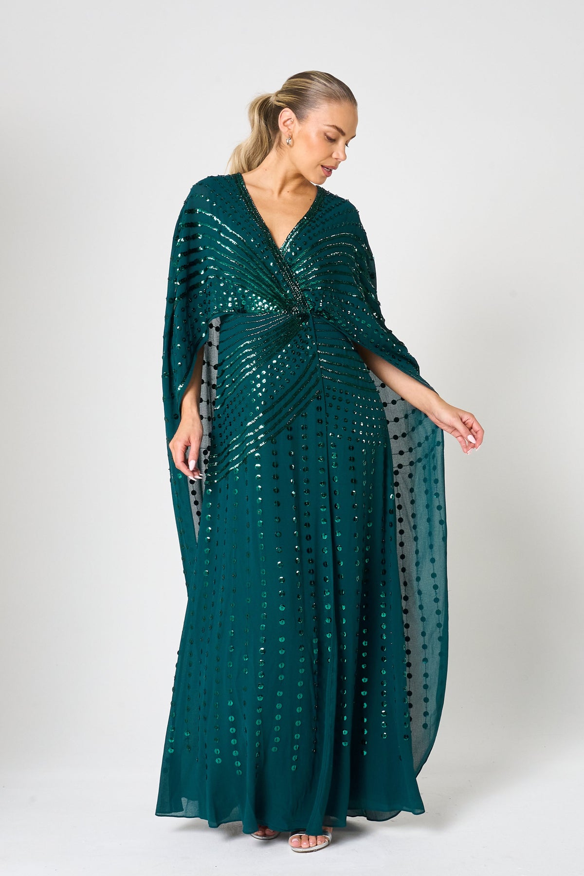 Della Teal Sequin Cape Sleeve Maxi Dress Frock and Frill Della Teal Sequin Cape Sleeve Maxi Dress Frock and Frill