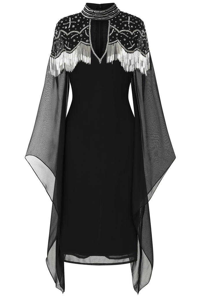 Delores Black Embellished Midi Dress with Flute Sleeves