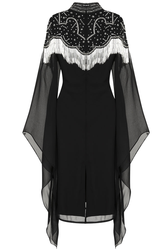 Delores Black Embellished Midi Dress with Flute Sleeves