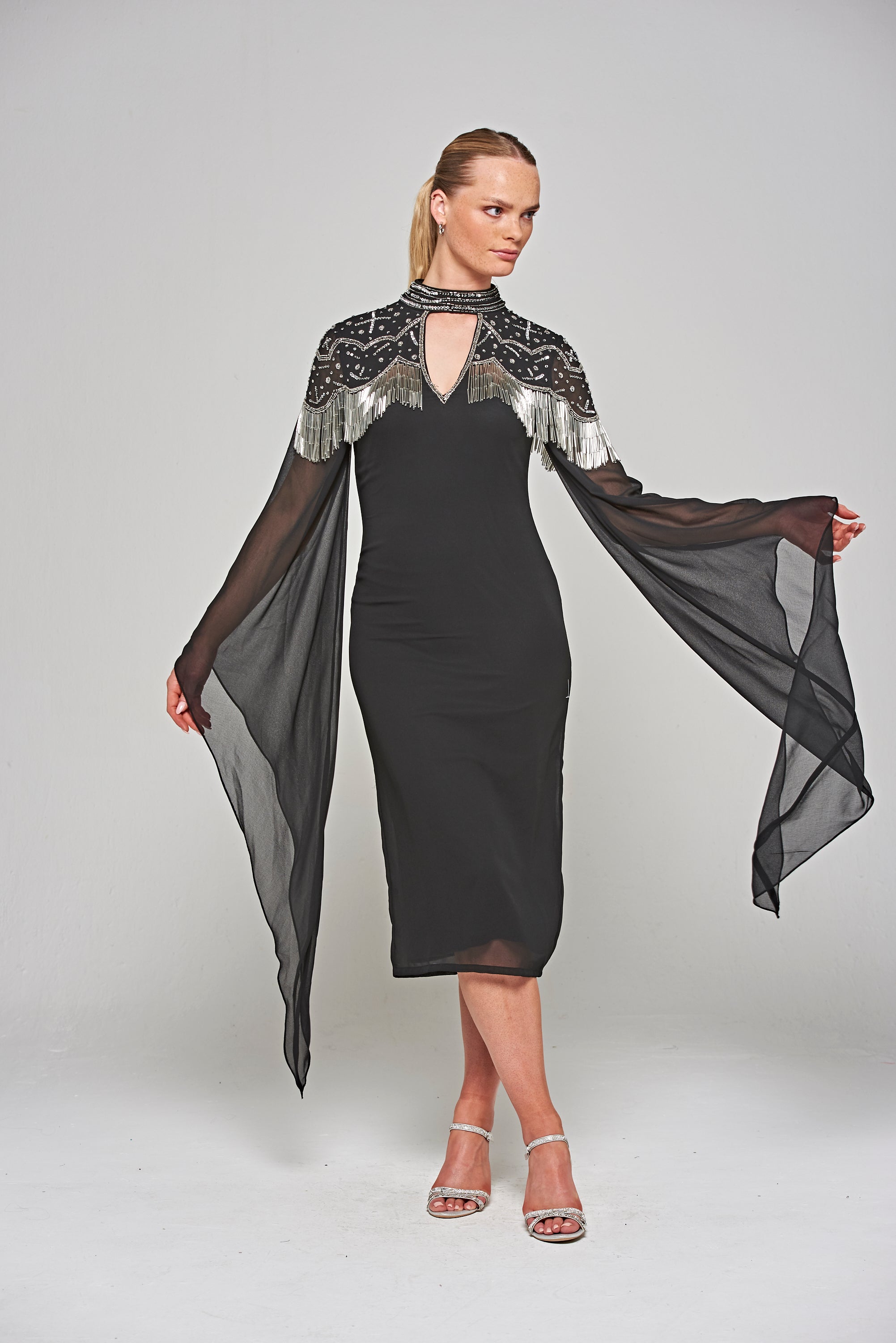 Delores Black Embellished Midi Dress with Flute Sleeves Frock and Frill Delores Black Embellished Midi Dress with Flute Sleeves Frock and Frill