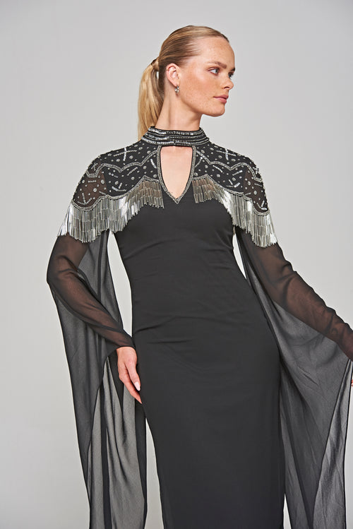 Delores Black Embellished Midi Dress with Flute Sleeves – Frock and Frill