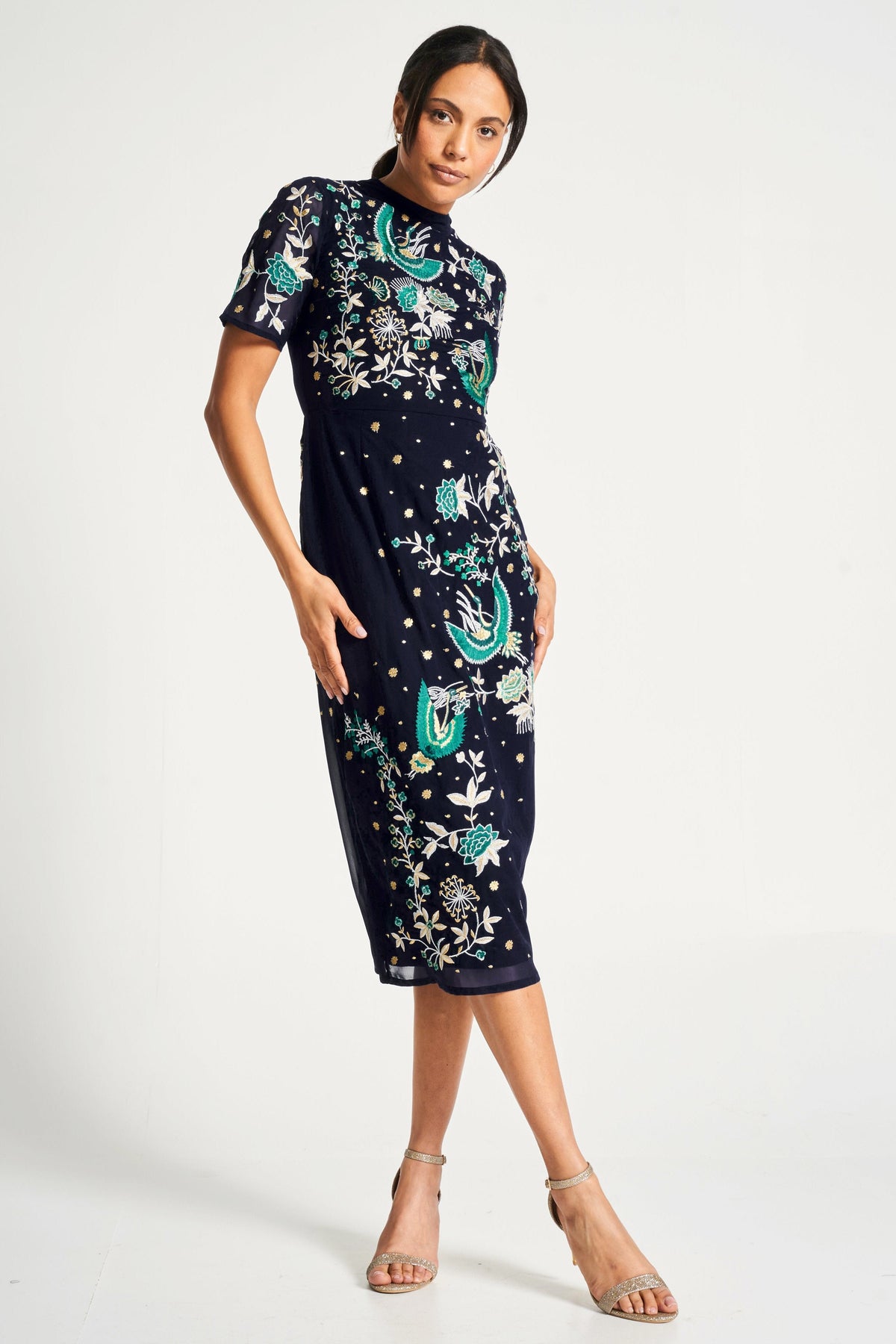 Delphine Navy Embroidered Midi Dress – Frock and Frill