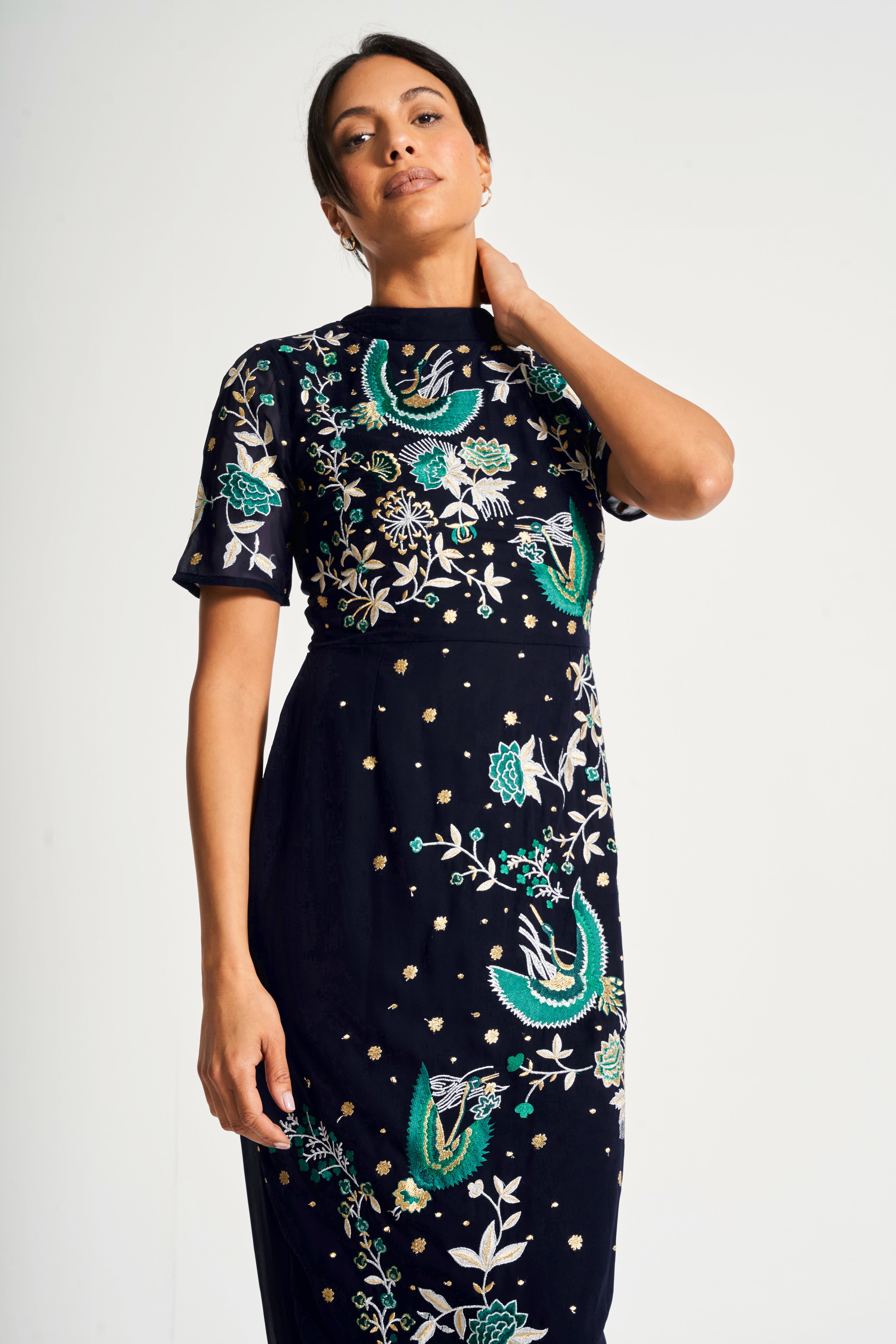 Delphine Navy Embroidered Midi Dress