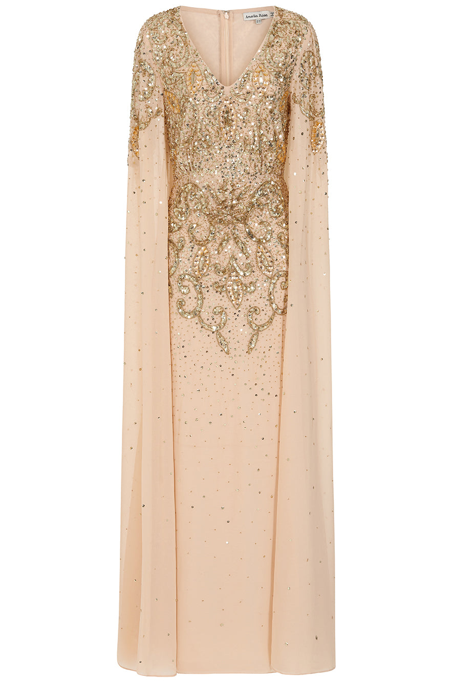 Donna Gold Embellished Cape Sleeve Maxi Dress