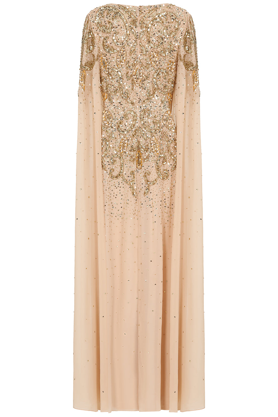 Donna Gold Embellished Cape Sleeve Maxi Dress