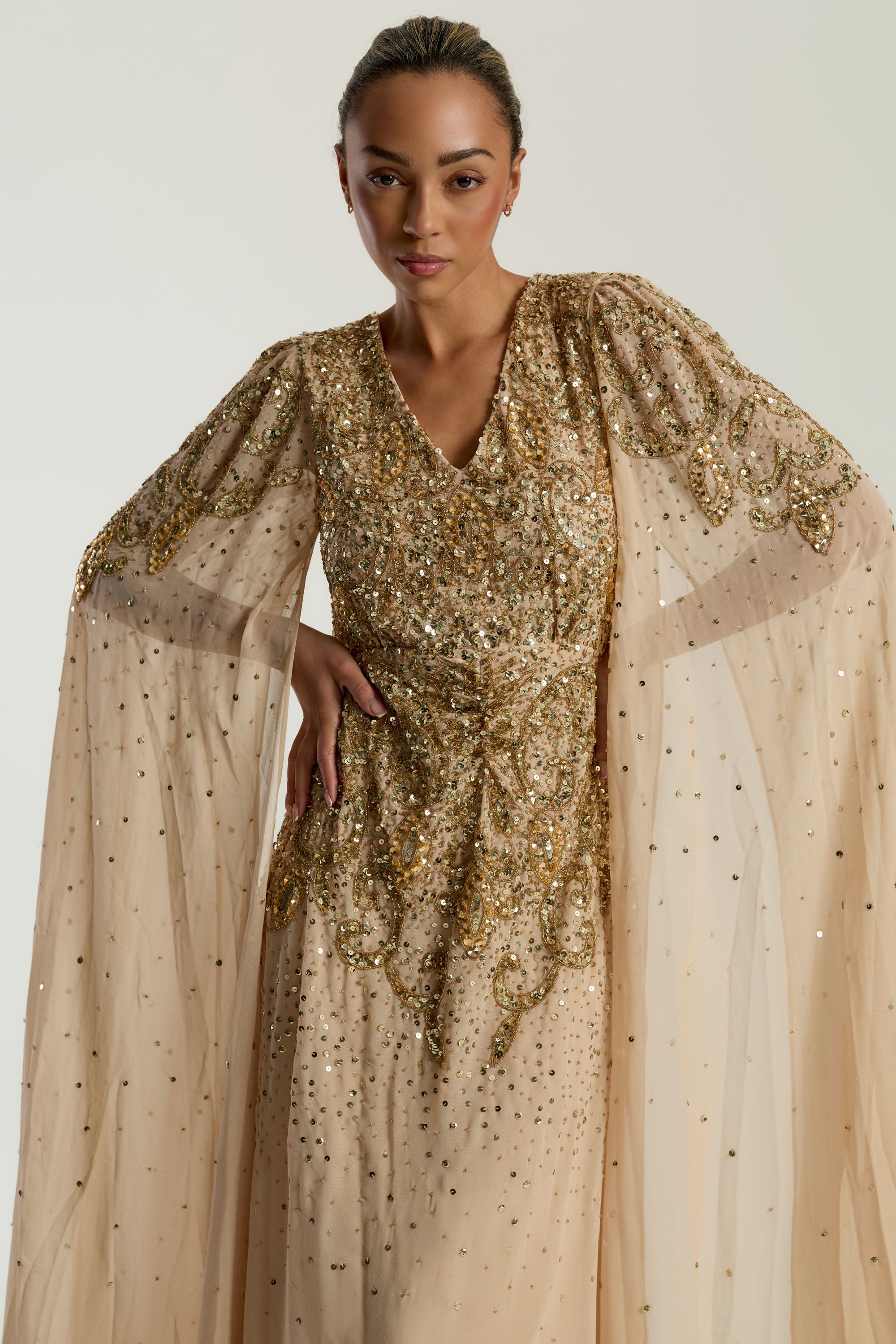Donna Gold Embellished Cape Sleeve Maxi Dress