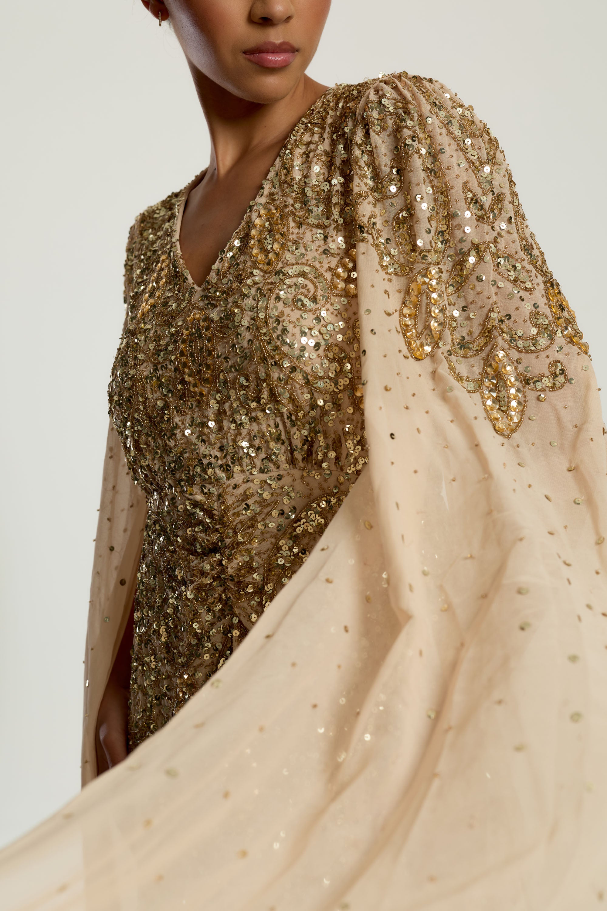 Donna Gold Embellished Cape Sleeve Maxi Dress Frock and Frill Donna Gold Embellished Cape Sleeve Maxi Dress Frock and Frill
