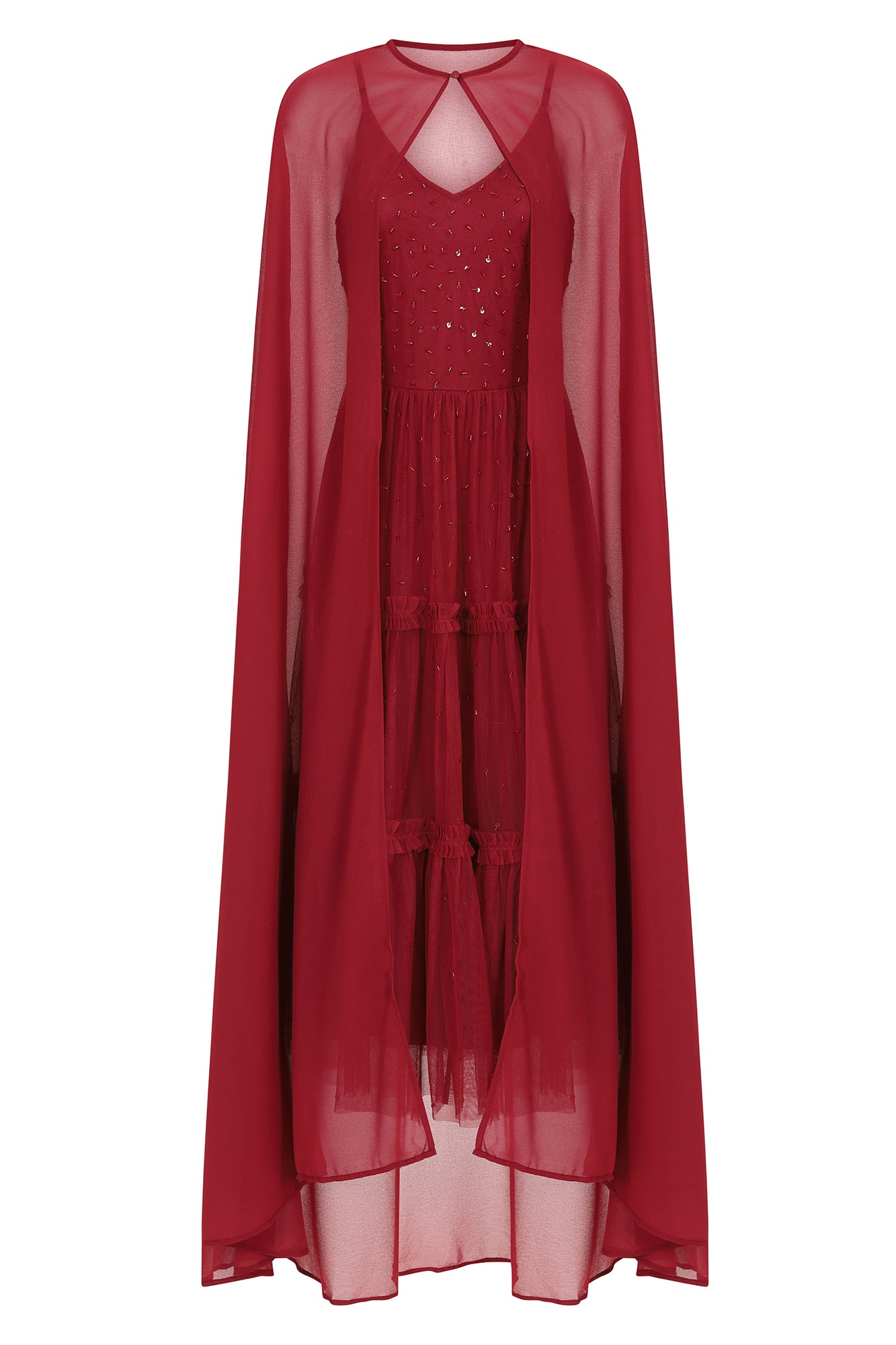 Dorothy Burgundy Sequin Midi Dress with Detachable Cape Frock and Frill Dorothy Burgundy Sequin Midi Dress with Detachable Cape Frock and Frill