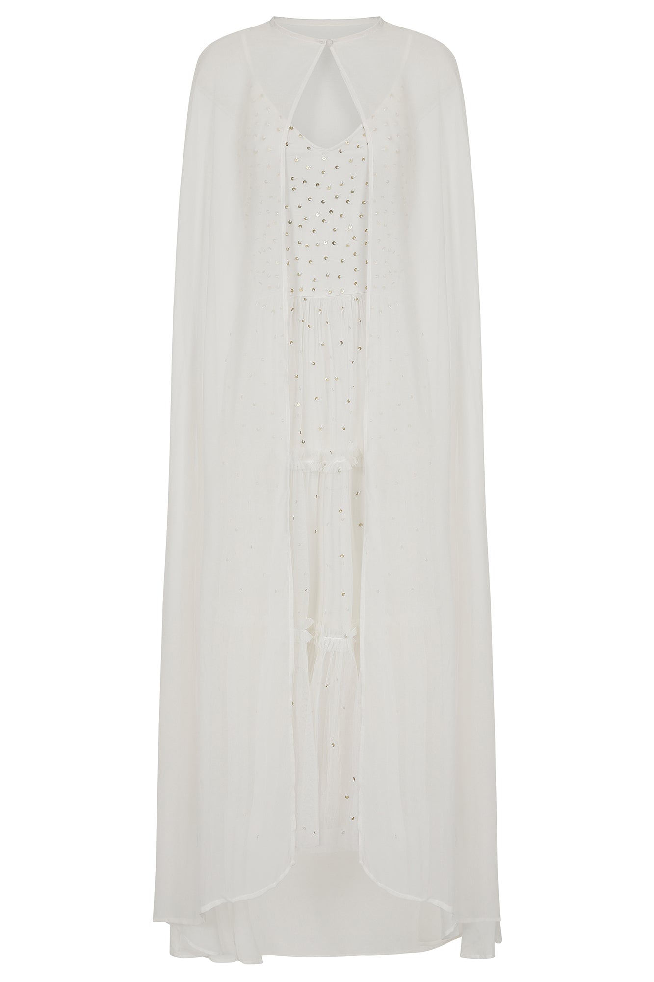 white cape dress midi Women's White Chiffon Mini Polka Dot Cape Detail Bandeau Skater Midi Dress