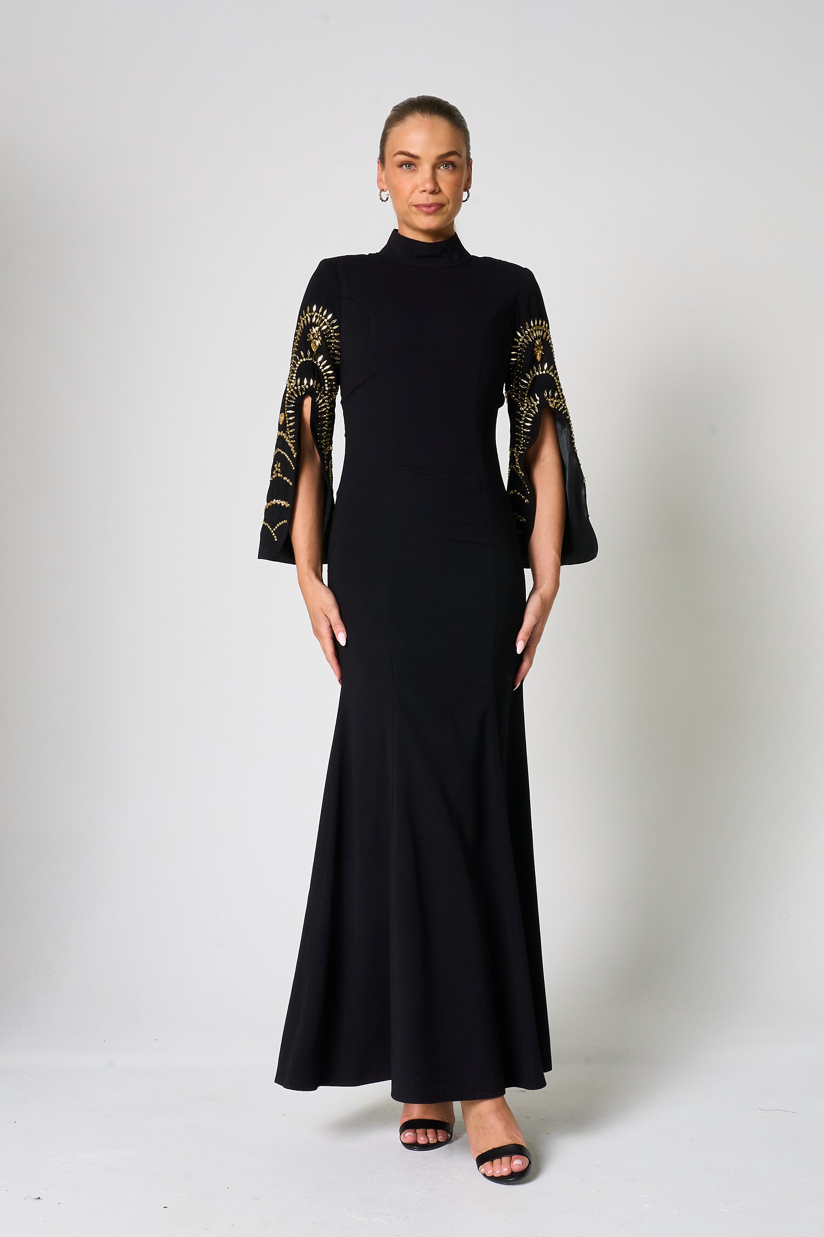 Ebba Black Maxi Dress with Embellished Sleeves