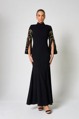 Ebba Black Maxi Dress with Embellished Sleeves