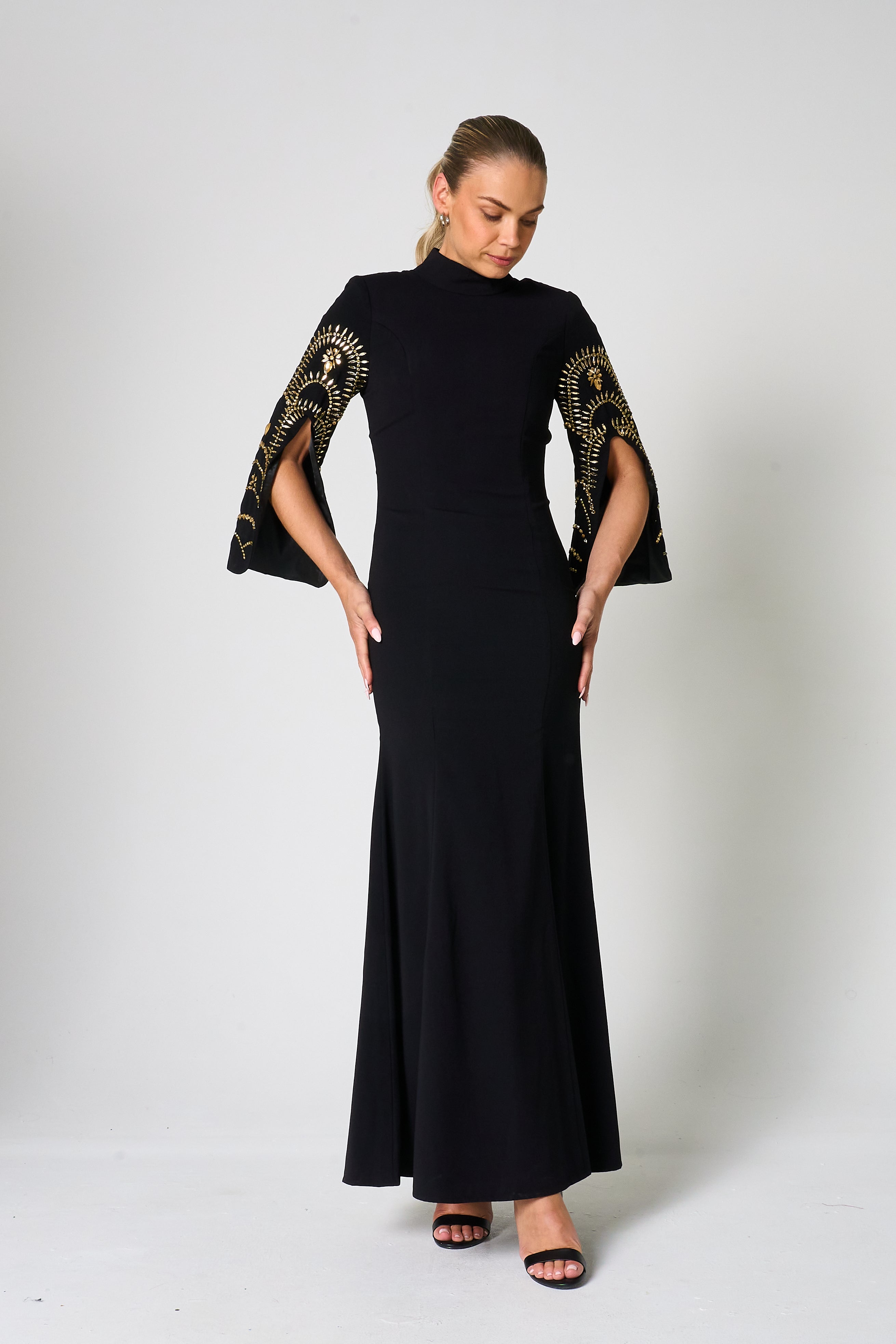 Ebba Black Maxi Dress with Embellished Sleeves