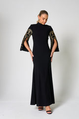 Ebba Black Maxi Dress with Embellished Sleeves