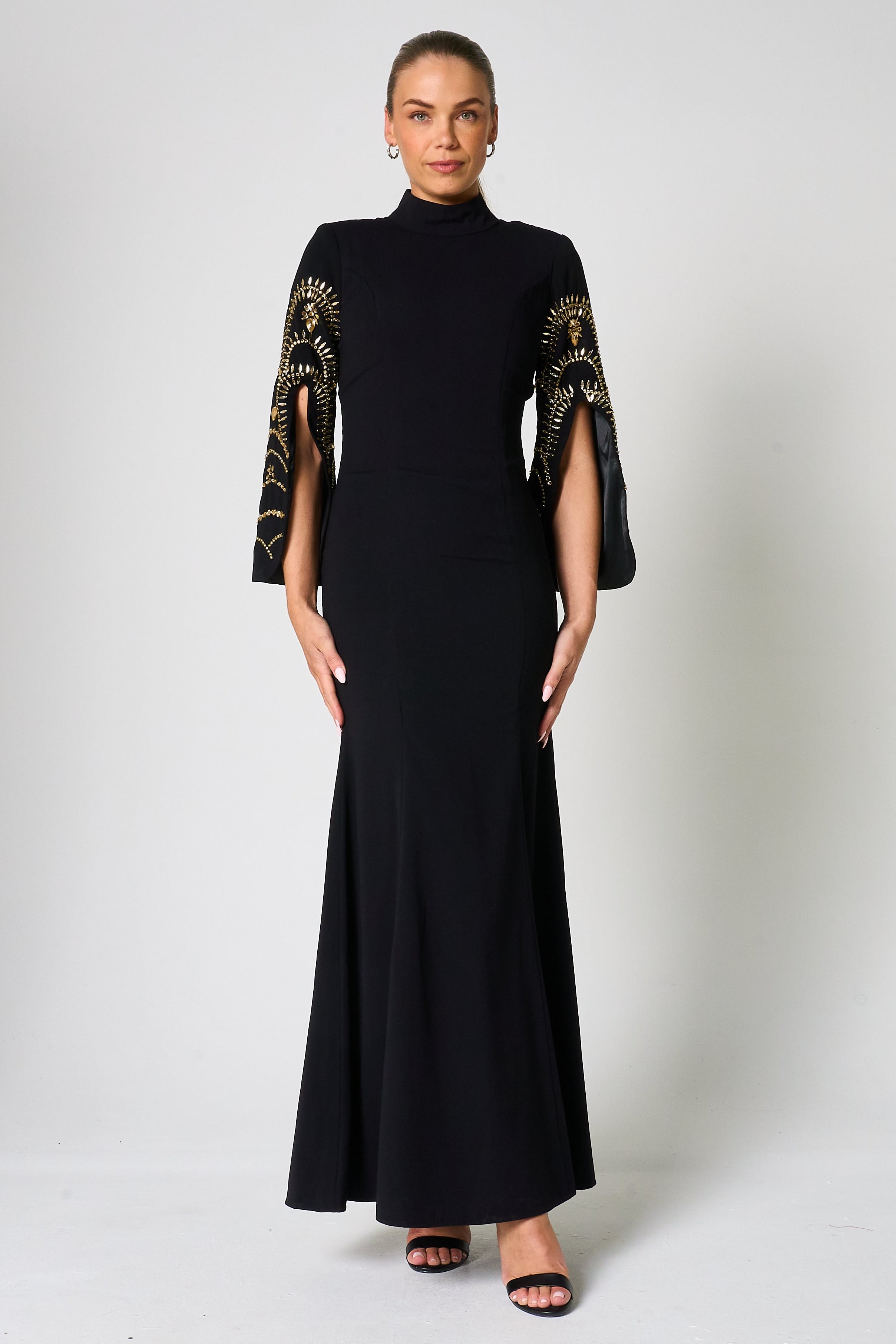 Ebba Black Maxi Dress with Embellished Sleeves – Frock and Frill