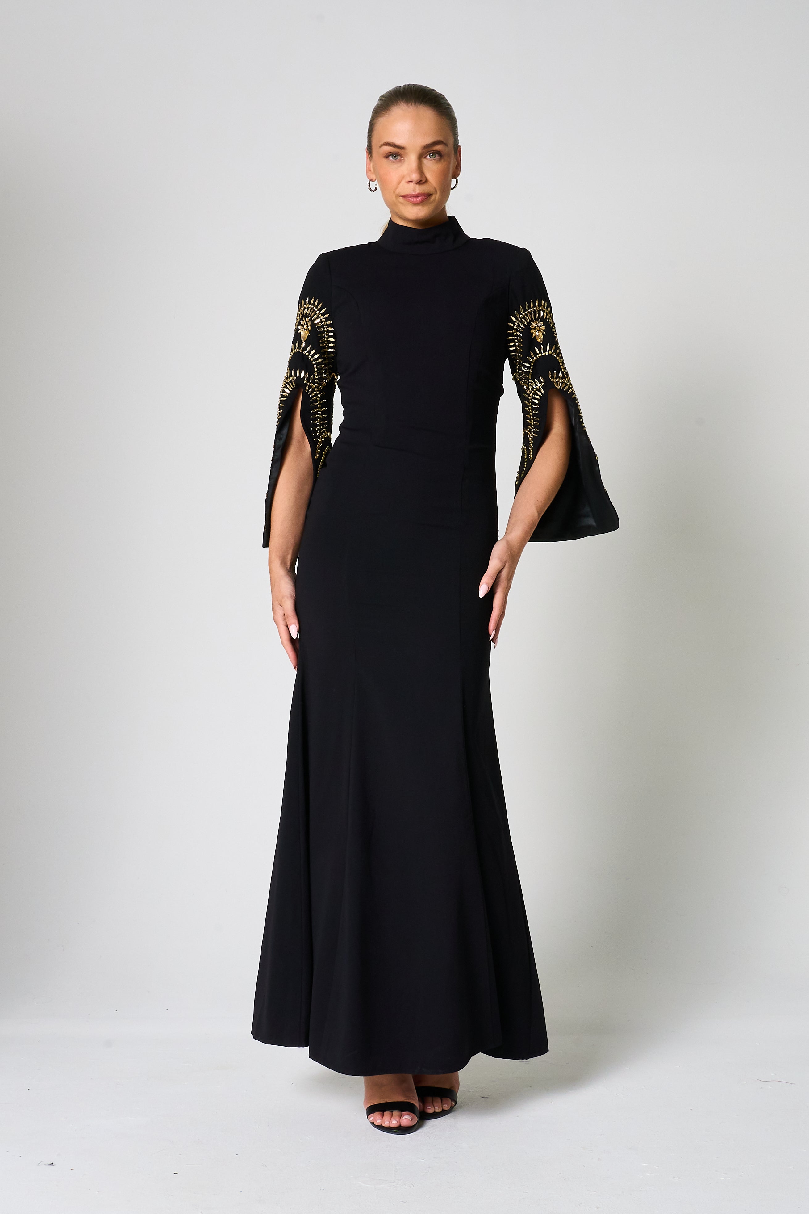 Ebba Black Maxi Dress with Embellished Sleeves