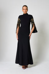Ebba Black Maxi Dress with Embellished Sleeves