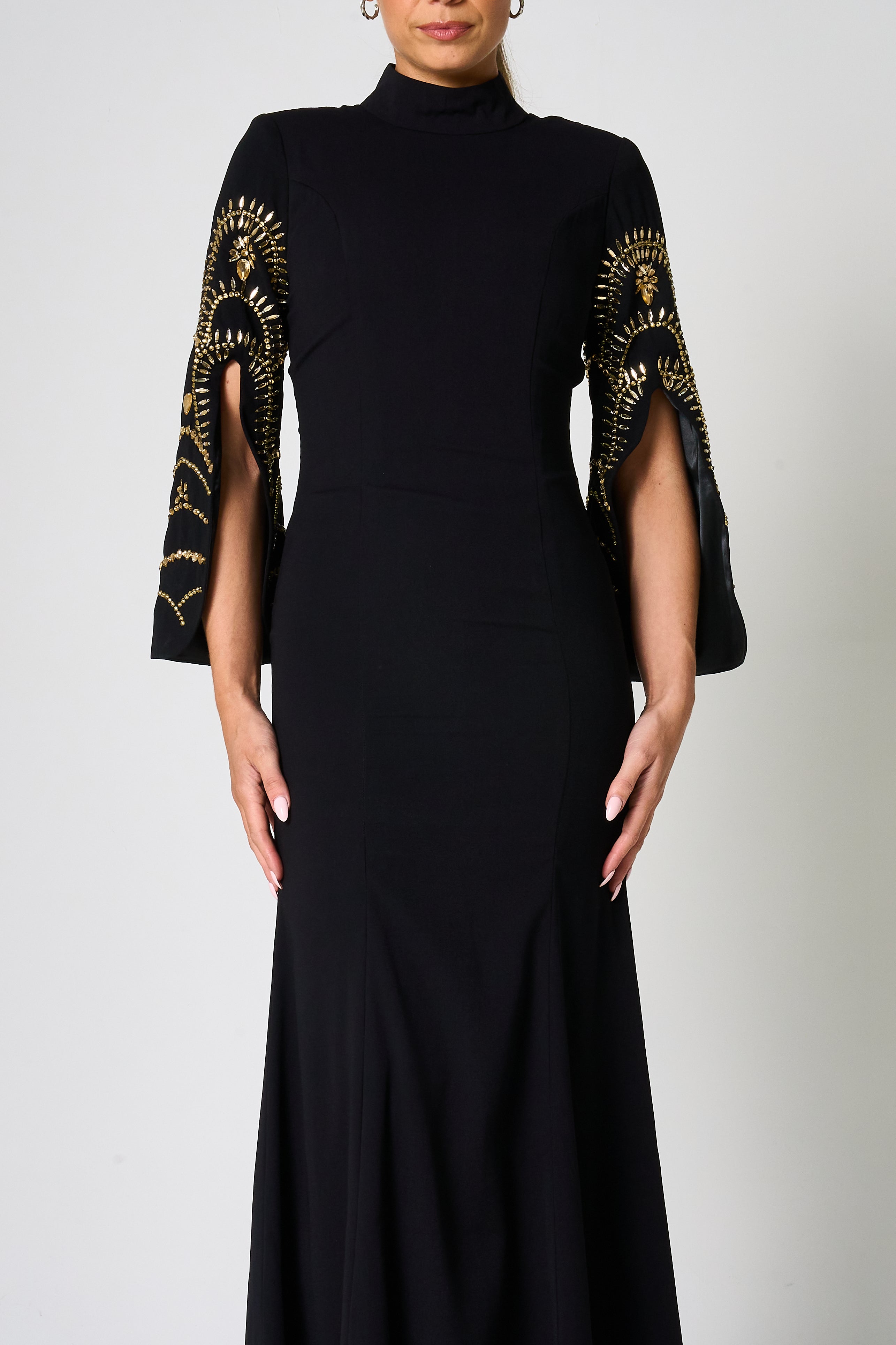 Ebba Black Maxi Dress with Embellished Sleeves
