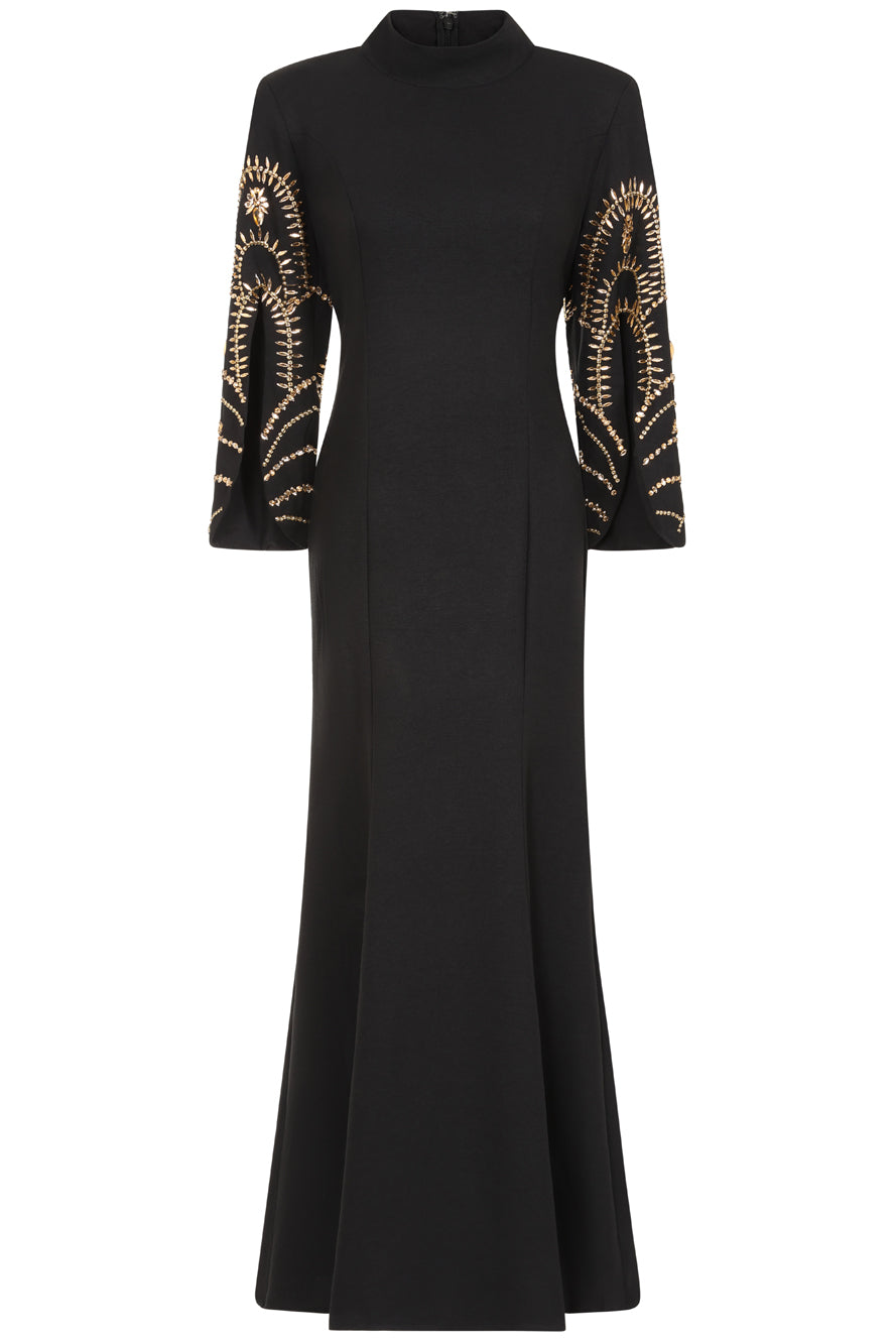 Ebba Black Maxi Dress with Embellished Sleeves