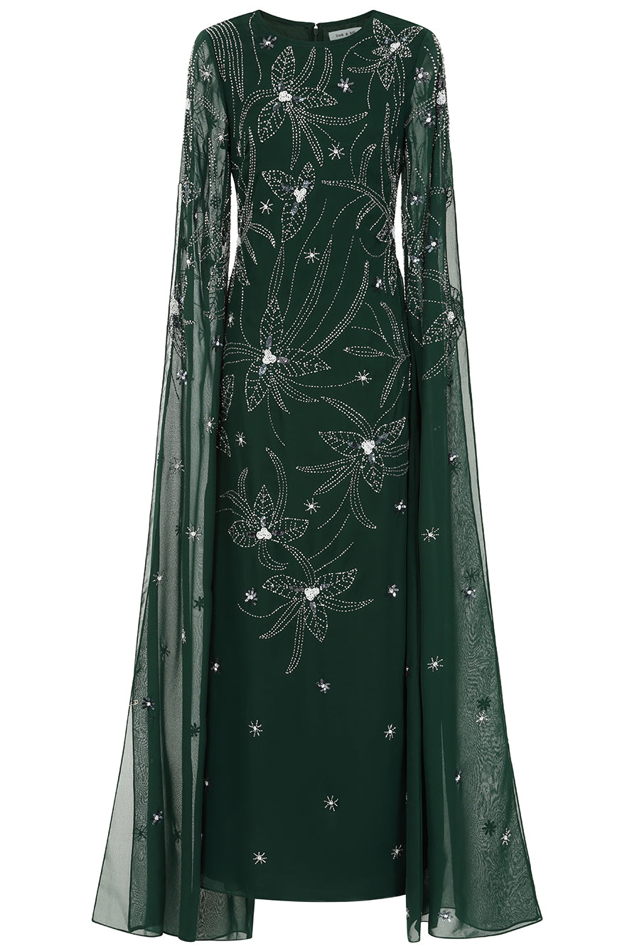 Eden green embellished cape sleeve maxi dress by Frock and Frill with delicate beadwork and a modest full-length silhouette