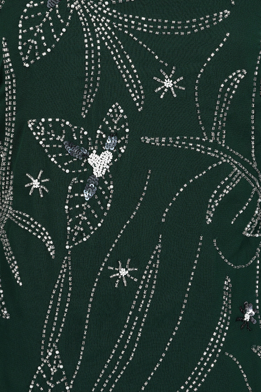 Eden green embellished cape sleeve maxi dress by Frock and Frill with delicate beadwork and a modest full-length silhouette