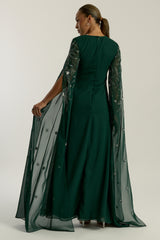 Eden green embellished cape sleeve maxi dress by Frock and Frill with delicate beadwork and a modest full-length silhouette