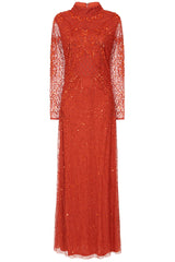 Edina Embellished Maxi Dress with long sleeves in orange, featuring sparkling beadwork, perfect for weddings, evening events, and formal occasions.