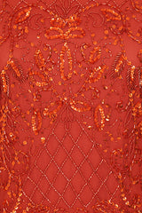 Edina Embellished Maxi Dress with long sleeves in orange, featuring sparkling beadwork, perfect for weddings, evening events, and formal occasions.